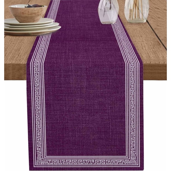Dark Purple Retro Greek Key Short Table Runners 36 Inches, Cotton Linen Fabric Table Runner Geometric Greece Ancient Meander Fret Tablerunner for Party/Kitchen/Dinner 13x36