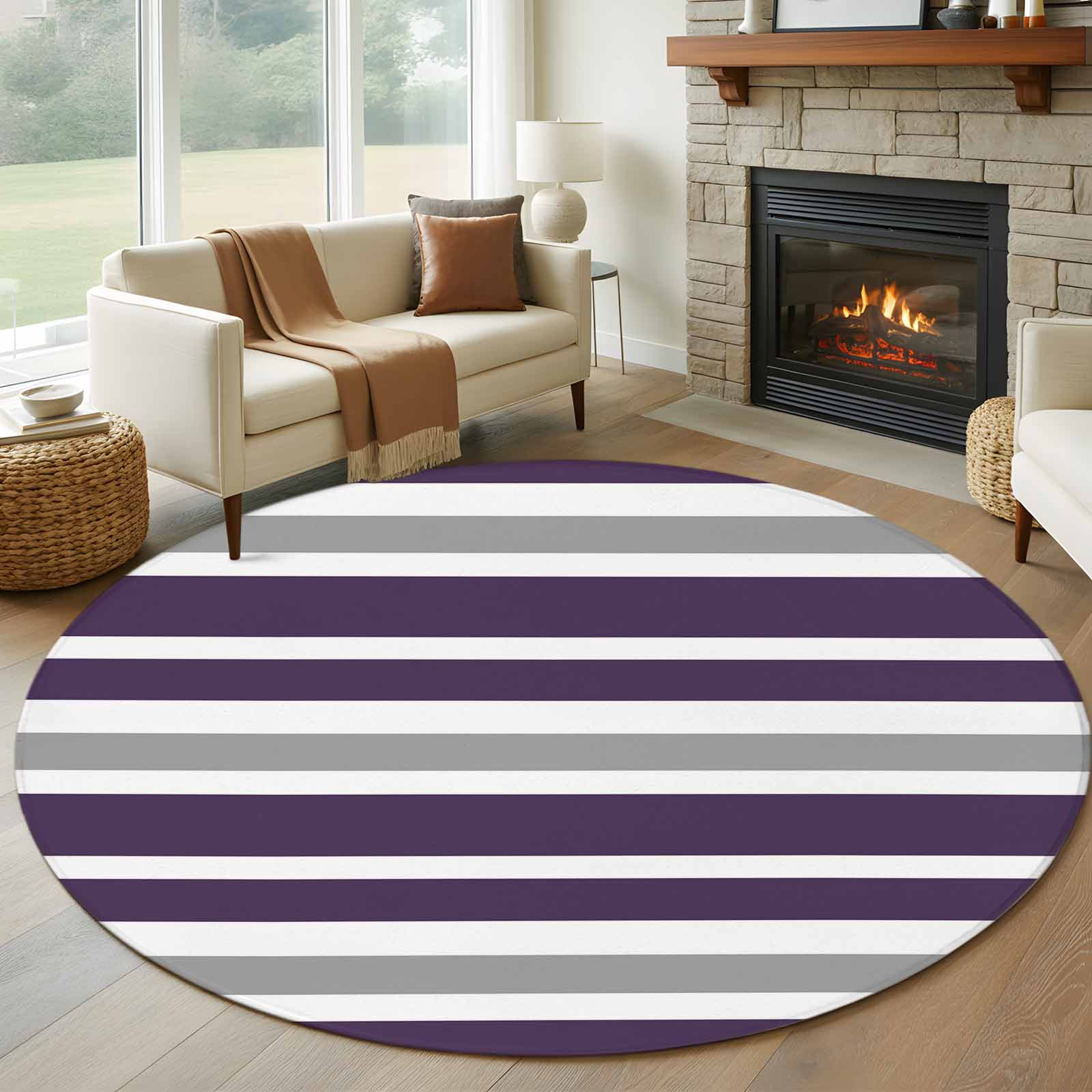 Dark Purple Round Living Room Rugs 8 ft, Gray White Stripe Washable ...