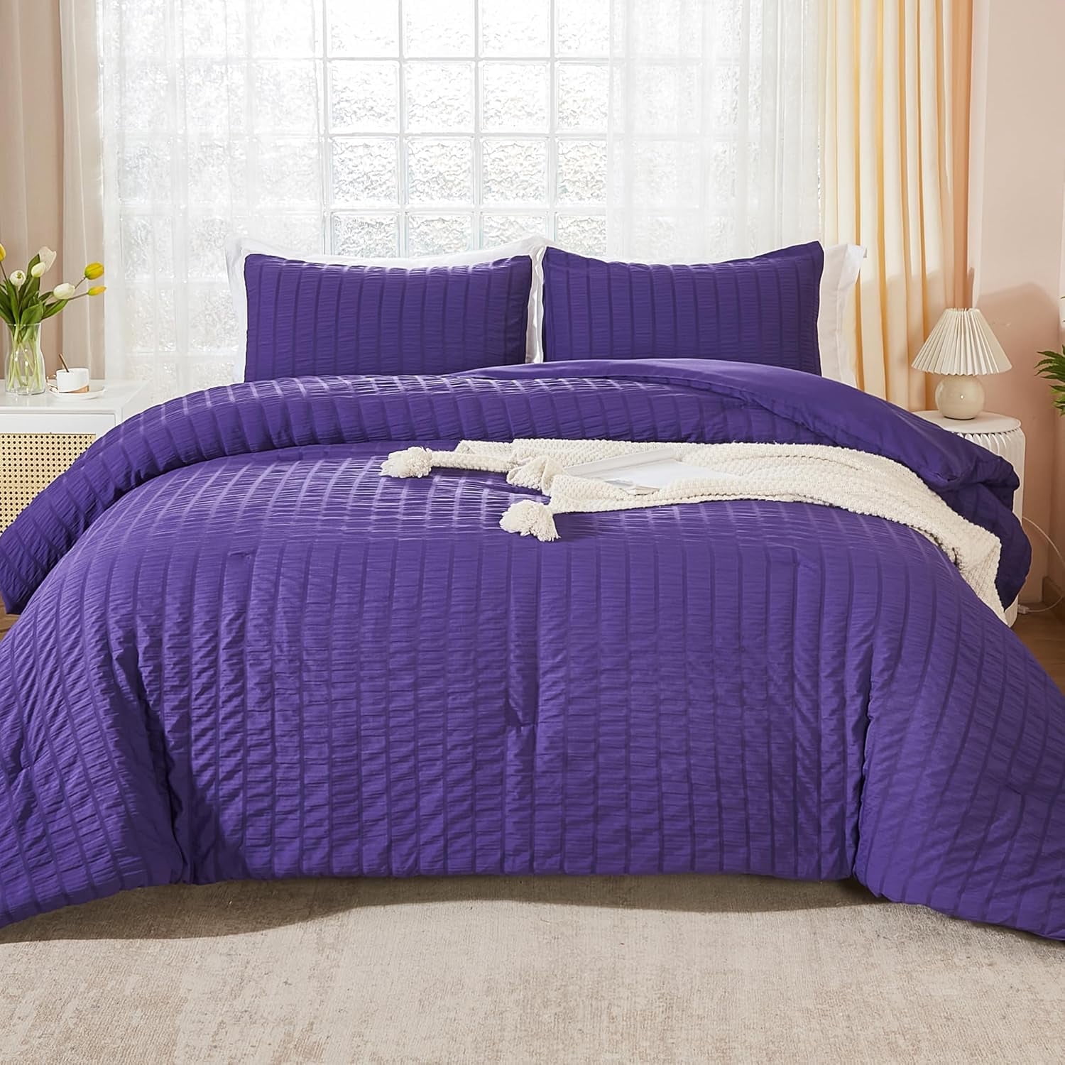 Dark Purple Seersucker King Comforter Set (104x90 inches), 3 Pieces-100 ...