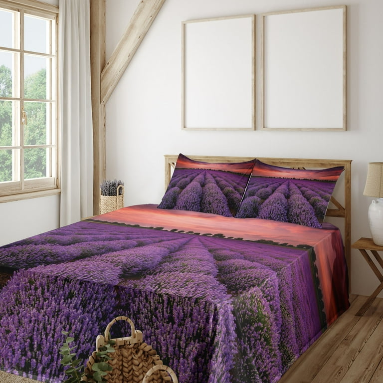 Dark Purple Sheet Set Lavender Field Photo Burnt Sienna Toned Sunset Sky Tree Silhouettes Fitted and Flat Sheet Pillowcases Bedding Accent 4 Piece