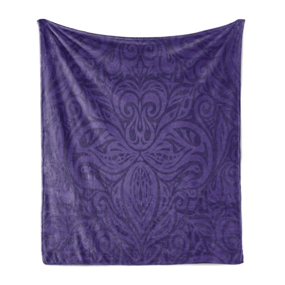 Dark Purple Soft Flannel Fleece Blanket, Floral Motifs Print in a Vintage Style Fine Art Strokes and Curves Ornamental, Cozy Plush for Indoor and Outdoor Use, 50" x 70", Dark Indigo, by Ambesonne