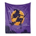 thumbnail image 1 of Dark Purple Soft Flannel Fleece Throw Blanket, Halloween Illustration of a Witch on Broom, Cozy Plush for Indoor and Outdoor Use, 50" x 60", Indigo Marigold Violet, by Ambesonne, 1 of 5