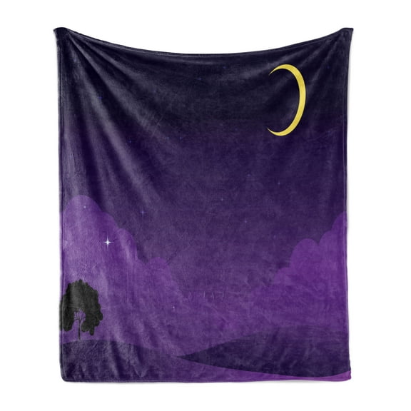 Dark Purple Soft Flannel Fleece Throw Blanket, Nightfall with Stars and the Moon in the Sky, Cozy Plush for Indoor and Outdoor Use, 50" x 60", Indigo Cream, by Ambesonne