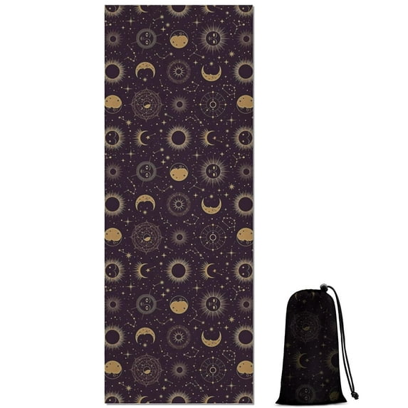 Dark Purple Sun Moon Star Pattern Hot Yoga Mat Towel Non Slip for Hot Yoga - Quick-Drying Yoga Mat Cover with 4 Corner Pockets with Travel Bag - Hot Yoga Towel Non Slip 70"x26"