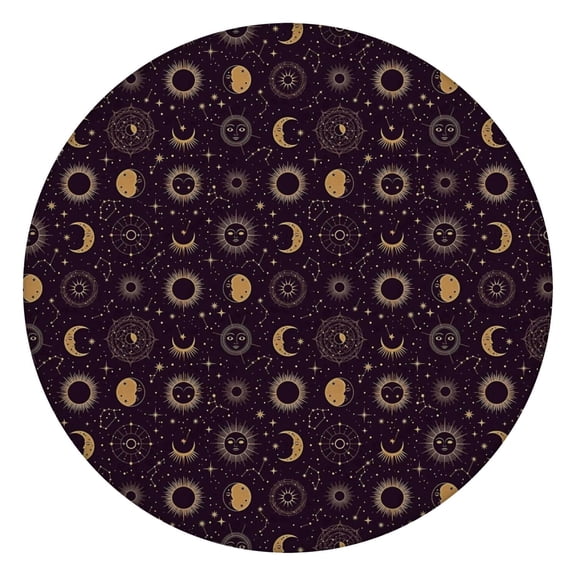 Dark Purple Sun Moon Star Pattern Round Fitted Tablecloth with Elastic Edge,Dining Table Cover Waterproof,Outdoor Round Tablecloth for Camping,Dining,Indoor and Outdoor
