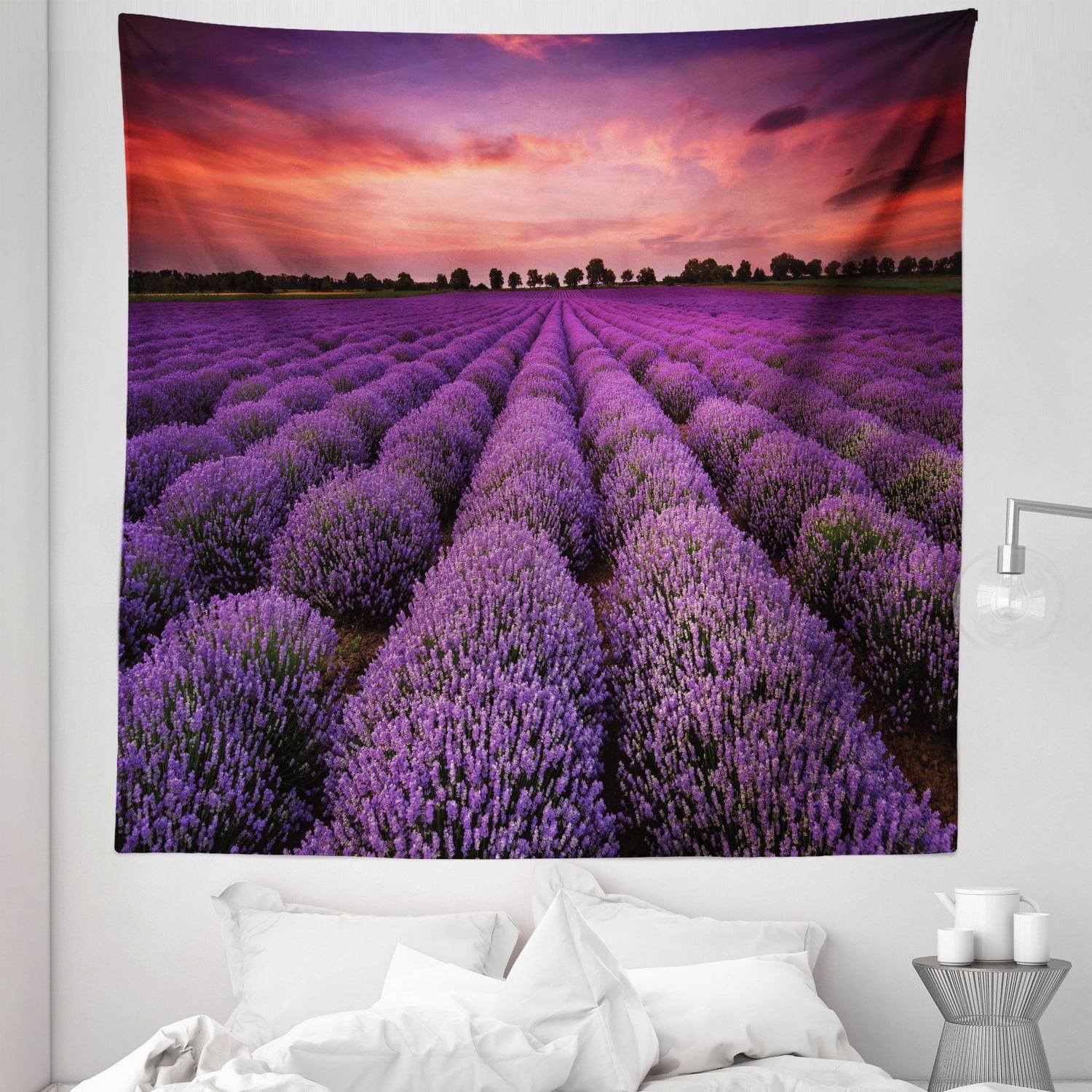 Dark Purple Tapestry Lavender Field Photo with Burnt Sienna Toned Sunset Sky Tree Silhouettes Fabric Wall Hanging Decor for Bedroom Living Room Dorm 5 Sizes Coral and Purple by Ambesonne Walmart