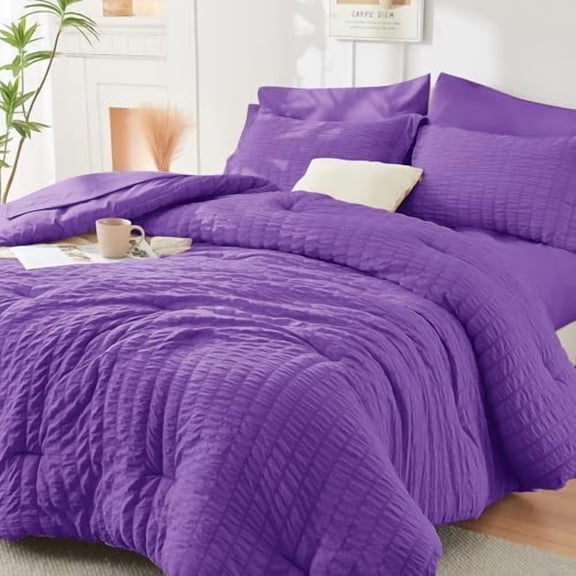 Dark Purple Twin XL Comforter Set Seersucker 5 Pieces, All Season Luxury Bed in a Bag for Bedroom, Bedding Set with Comforter, Sheets, Pillowcase & Sham