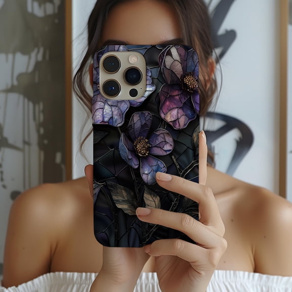 Dark Purple Wildflower Phone Case For iPhone Samsung Pixel Hard Shell Stained Glass Style Floral Gift