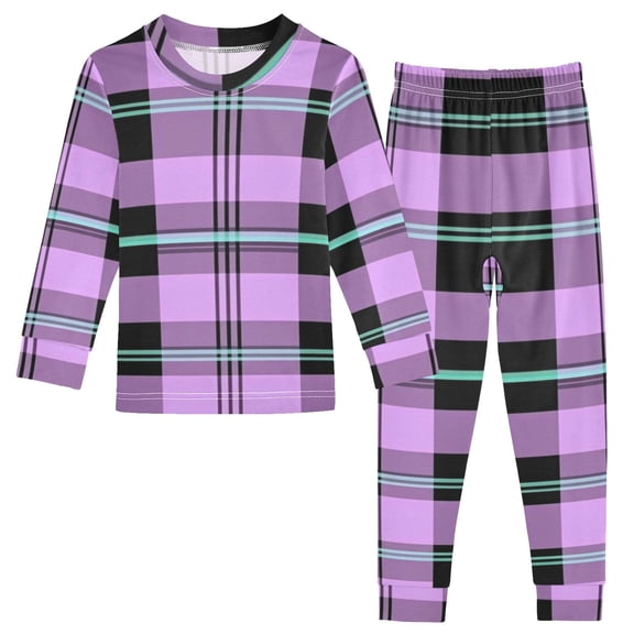Dark Purple and Black Plaids Cotton Pajama Set Long Sleeve Top and Pants Sleepwear Unisex 8Y