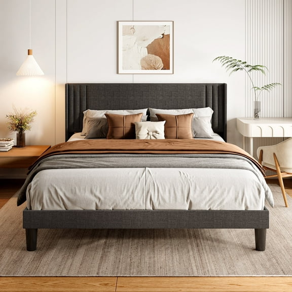 Asofer Queen Size Bed Frame with Upholstered Headboard, Modern Platform Design, Dark Gray