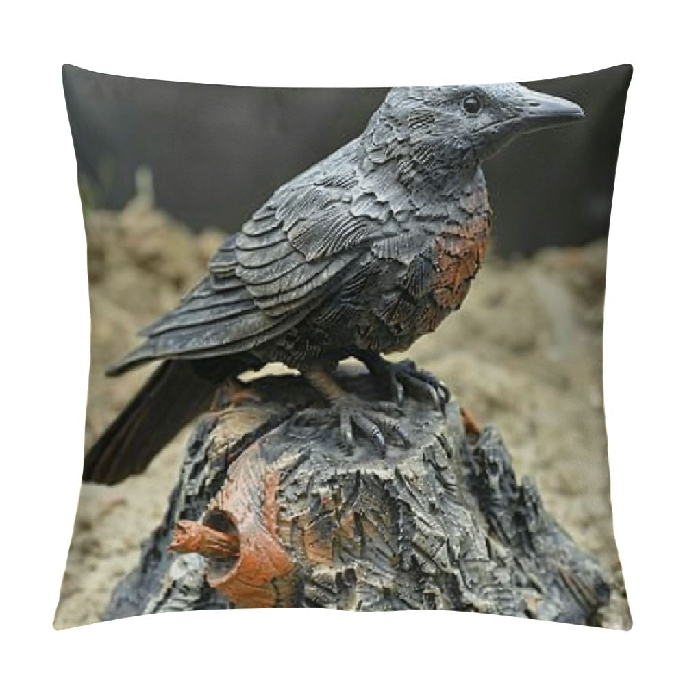 Dark Raven Crow Perched On Tree Stump Collectible Figurine Lifelike