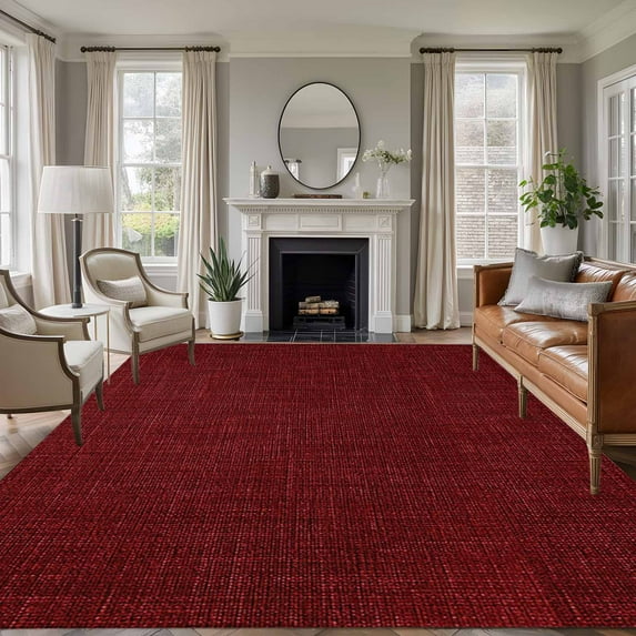 Dark Red 5x8 Area Rugs, Farmhouse Burlap Solid Red Color Modern Linen Texture Non-Skid Rubber Backing Large Rectangle Rugs - Living Room Bedroom Home Office, Indoor Floor Mat Carpets Washable Rug
