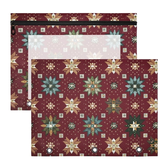 Dark Red Background Christmas Theme Patterns 3-Ring Binder Pocket with Zipper Pencil Pouches A4 Size File Storage 2 Packs
