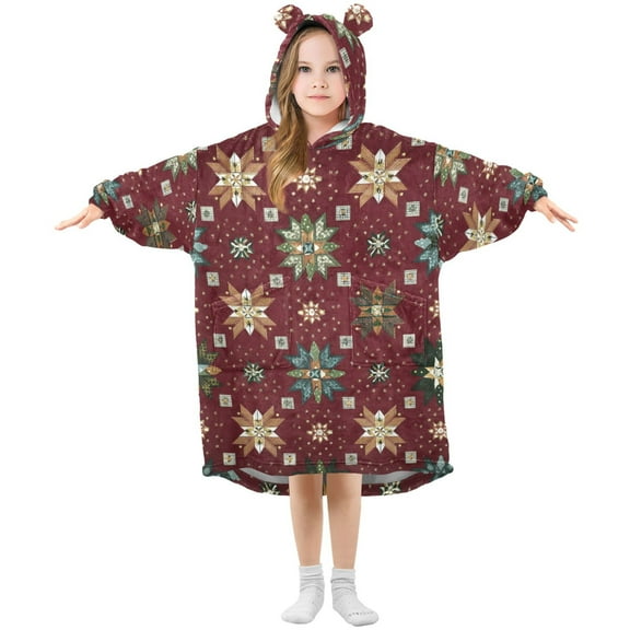 Dark Red Background Christmas Theme Patterns Flannel Wearable Blankets Hooded Design Long Sleeves Wrap Unisex for 3T-14Y L