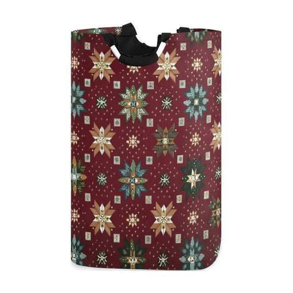 Dark Red Background Christmas Theme Patterns Laundry Basket with Handles Foldable Laundry Hamper Freestanding Washing Bin 50L