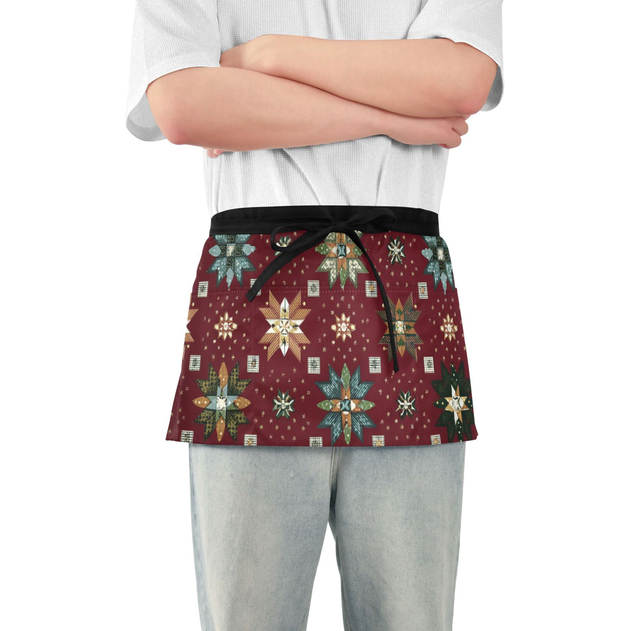 Dark Red Background Christmas Theme Patterns Short Server Apron with 3 ...