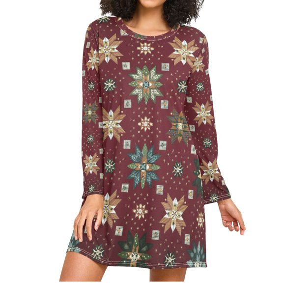 Dark Red Background Christmas Theme Patterns Women's Long Sleeves Nightgowns Sleepwear Soft Pajama A-line Sleep Dress XXXL