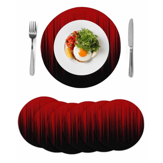 Dark Red Black Ombre Round 13 Inch Placemats Set of 6, Modern Abstract Art Striped Gradient HeatResistant Non Slip Place Mats for Dining Table, Wipeable Braided Kitchen Table Mats for Housewarming