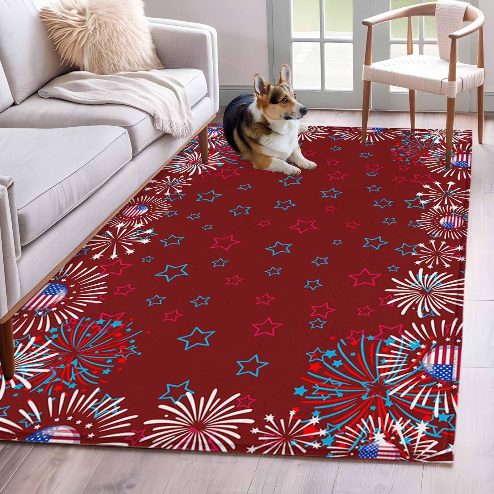 Dark Red Blue Stars Washable Area Rug 3 x 5 ft Independence Day ...