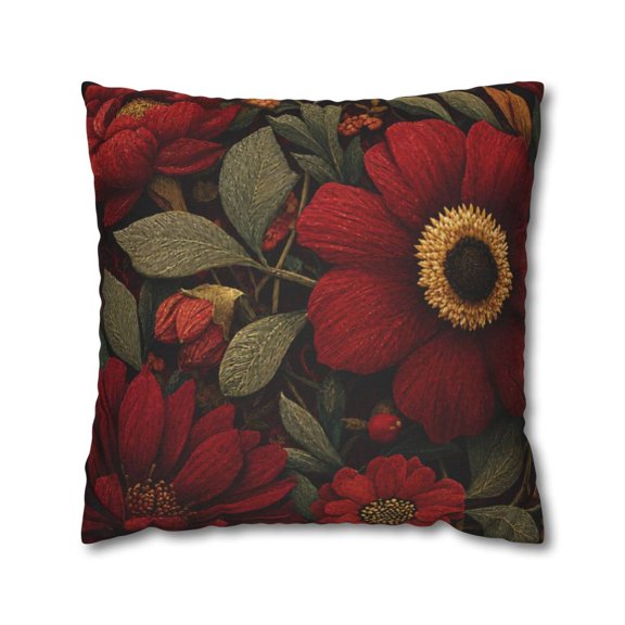 Dark Red Botanical Floral, Vintage Inspired, Polyester Velvet Square Throw Pillow Cover Only, No Insert, Double Sided Print, Envelope Closure
