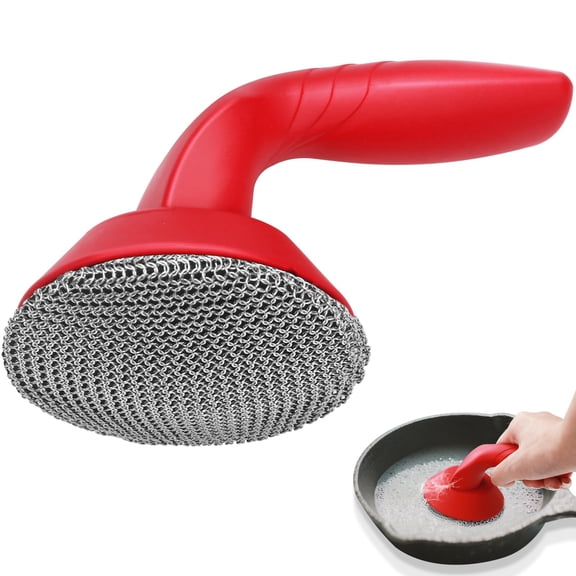 Dark Red Cast Iron Cleaner Scrubber With Handle, 3mm Welded Chain Mail Brush