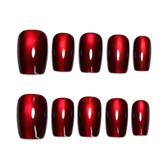Dark Red Cat Eye Press on Nails, Medium Coffin Glossy Cat Eye Finish False Nails, 10 Count