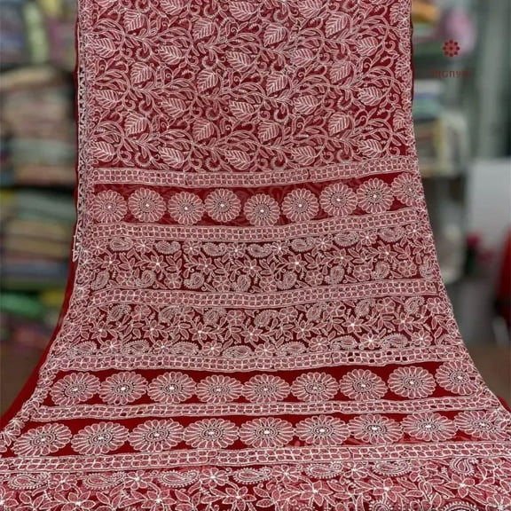 Dark Red Chikankari Hand Embroidered Saree