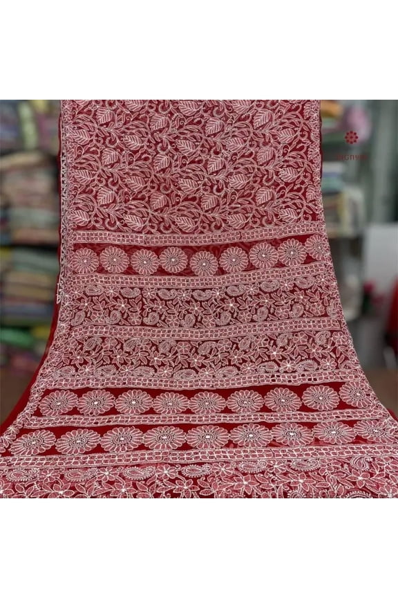 Dark Red Chikankari Hand Embroidered Saree