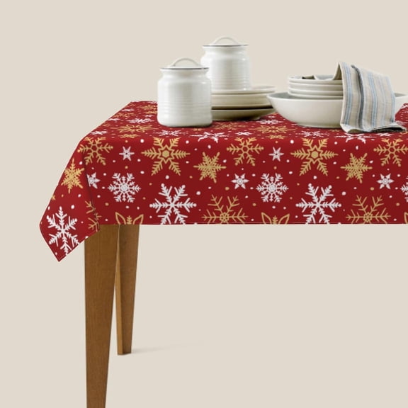 Dark Red Christmas Rectangle Tablecloth 60x84 Inch Gold White Xmas Snowflake Winter Holiday Theme Decorative Table Cloth Seasonal Rustic Farmhouse for Indoor Party Kitchen Dinner Picnic Decor