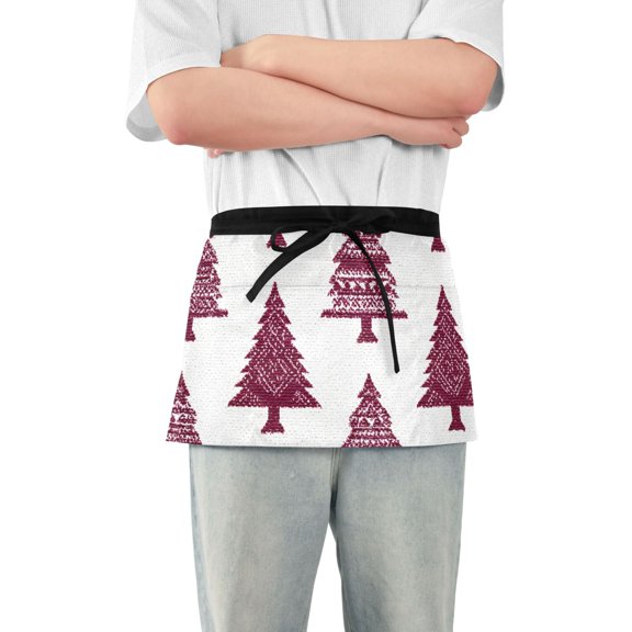 Dark Red Christmas Trees Short Server Apron with 3 Pockets for Unisex Chef Gardening