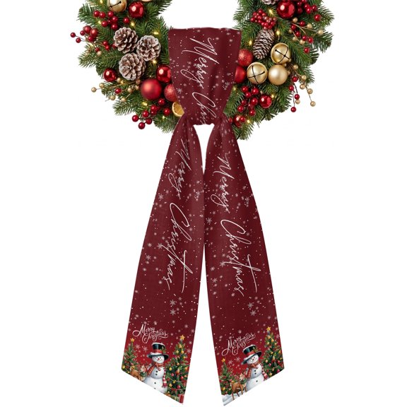 Dark Red Christmas Wreath Sash for Front Door Xmas Snowman Tree Elk Snowflake Ribbon Sash, Winter Holiday Wreath Accessories for Yard Porch Doorway Decor , Indoor Outdoor, 4.9 x 56 Inches