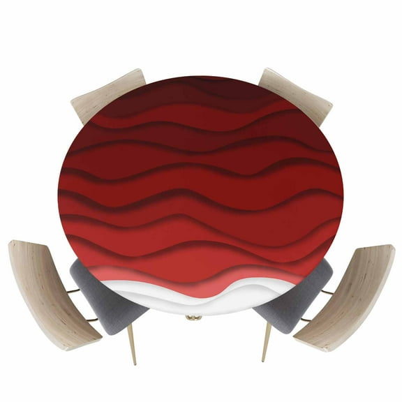Dark Red Color Gradient Art Fitted Round Tablecloths Elastic Edged Table Covers 45"-54",Abstract Water Ripple Wavy Stripe Waterproof Dining Room Kitchen Table Cloth for Holiday Party Tables Decor