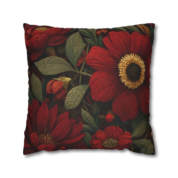 Dark Red Floral Botanical, Vintage Inspired, Polyester Velvet Square Throw Pillow Cover Only, No Insert, Double Sided Print, Envelope Closure