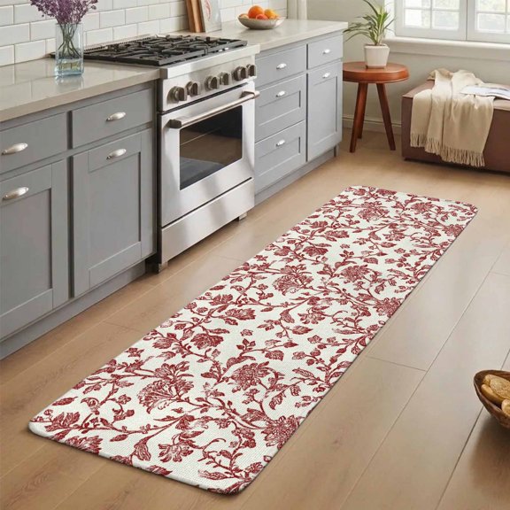 Dark Red Floral Paisley Washable Runner Rug 3X7 ft Boho Leaf Vintage Farmhouse Linen Non-Slip Hallway Runner Rug, Linen Kitchen Runner Mats, Indoor Floor Carpet for Entryway Bathroom Bedroom