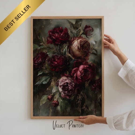 Dark Red Floral Wall Art, Baroque Rose Poster, Unframed Paper Poster 8x10in
