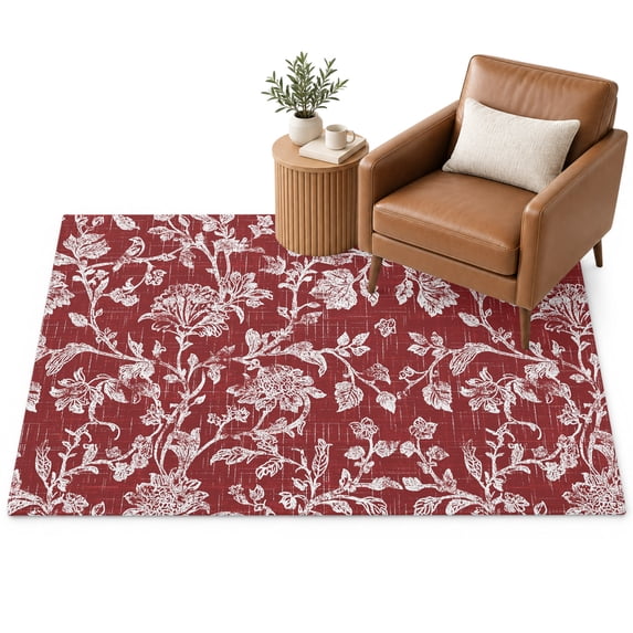 Dark Red Flower Area Rug 3'x5', Pastoral White Plant Petal Leaf Linen ...