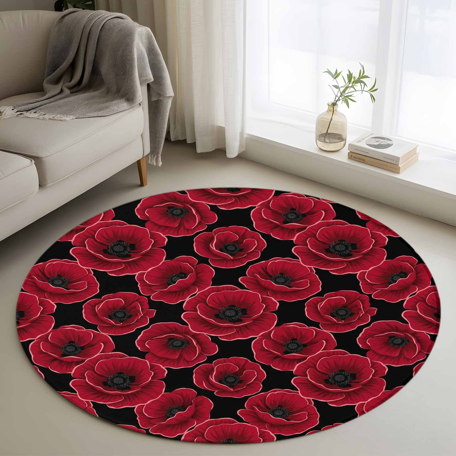 Dark Red Flower Round Rugs for Living Room 3ft Black Background ...