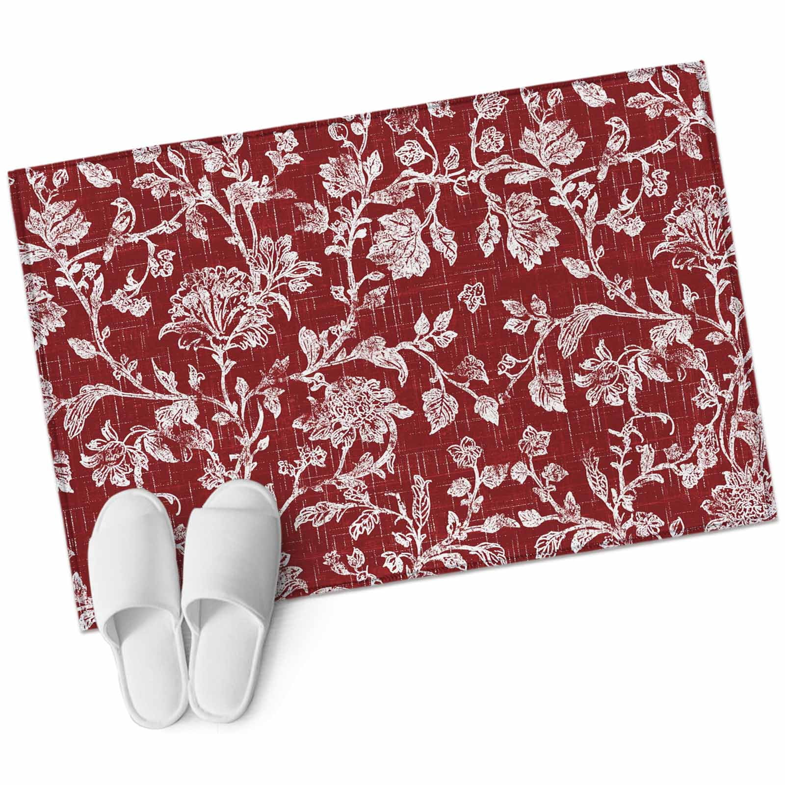 Dark Red Flower Washable Small Entryway Area Rugs 2'x3', Pastoral White ...