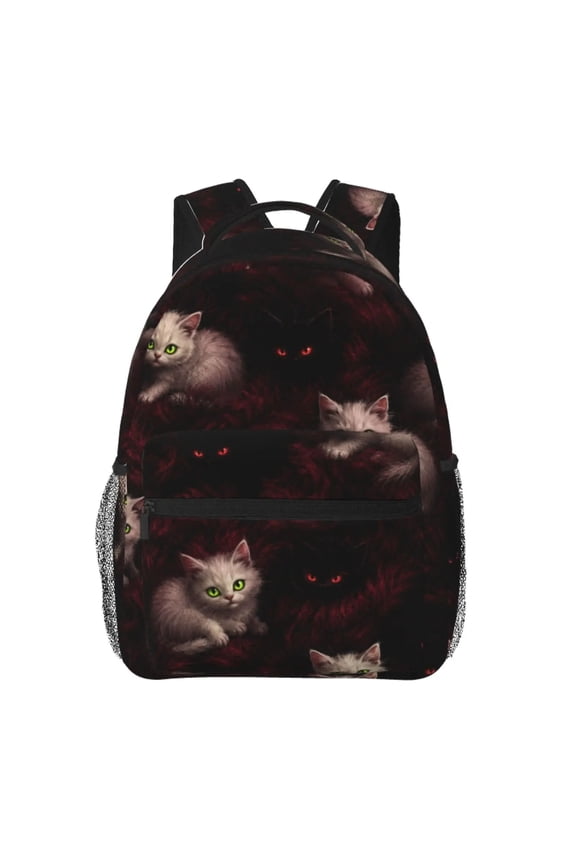 Dark Red Fluffy Heterochromatic Cat Print Travel Backpack, Large Capacity with Adjustable Shoulder Straps And Multiple Compartme