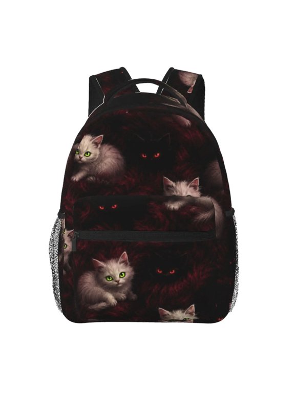 Dark Red Fluffy Heterochromatic Cat Print Travel Backpack, Large Capacity with Adjustable Shoulder Straps And Multiple Compartme