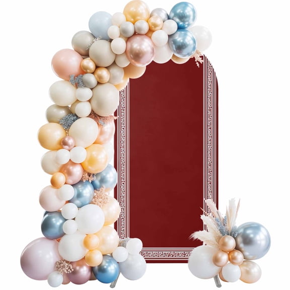 Dark Red Geometric 6FT Arch Backdrop Covers, White Greek Key Design Abstract Modern Art Wedding Arch Cover Stretchy, Chiara Arches Backdrop Stand Covers for Birthday Baby Shower Party Banquet Decor