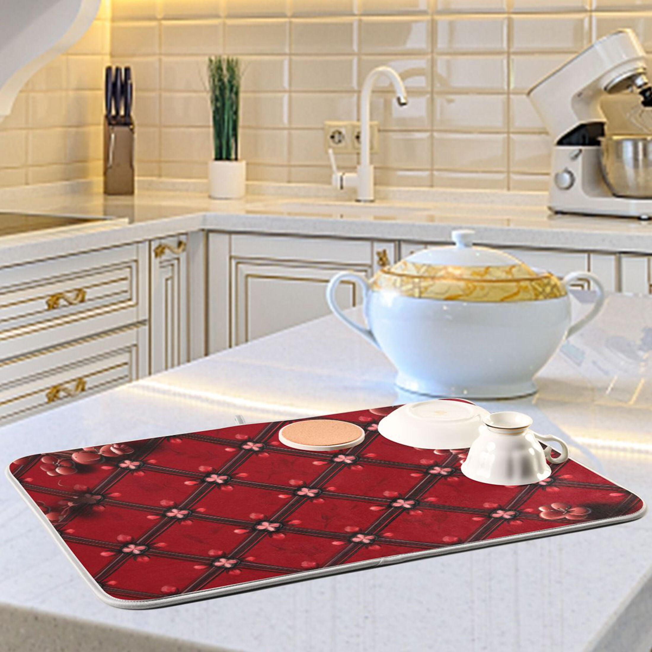 Dark Red Geometric Flower Dish Drying Mats for Kitchen Counter