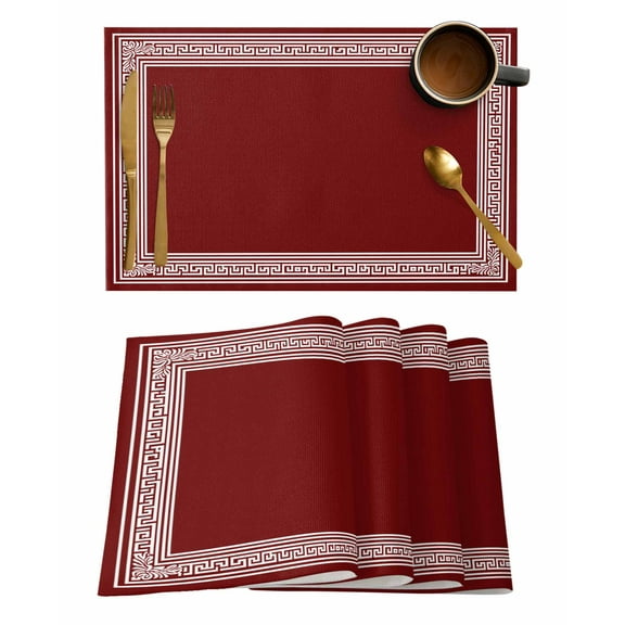 Dark Red Geometric Placemats Set of 4, White Greek Key Design Abstract Modern Art Placemats for Dining Table, Place Mats for Kitchen Tabletop, Waterproof Wipeable Dining Table Mats Set