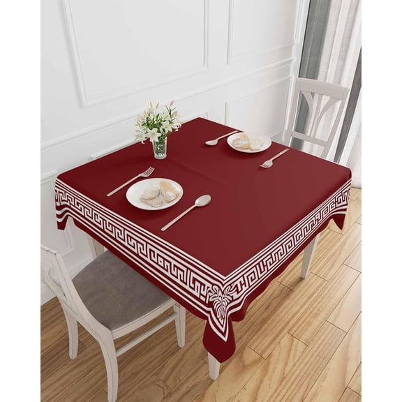 Dark Red Geometric Table cloth Waterproof Tablecloths, White Greek Key Design Tablecloth Dining Table Cover Cloth for Kitchen Outdoor Tabletop Decor, Abstract Modern Art Square Tablecloth 52x52 Inch