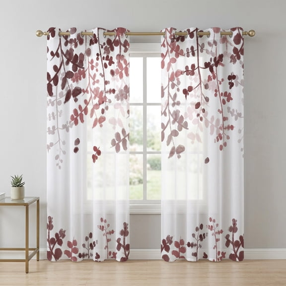 Dark Red Gradient Leaf Sheer Curtains 63 Inch Long 2 Panels, Rustic Eucalyptus Leaves Farm Plants Light Filtering Semi Sheer Drapes Grommet Voile Window Curtain for Living Bedroom W52 x L63