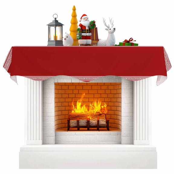 Dark Red Greek Key Fireplace Mantle Scarf, Geometric Greece Ancient Farmhouse Geo Mantel Cover Table Runner for Home Living Room Door Window, Indoor Outdoor Holiday Party Decor 17" x 60"