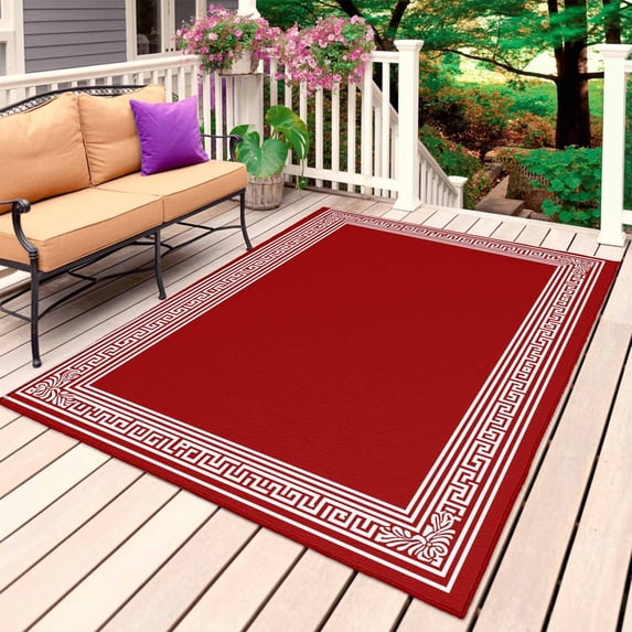 Dark Red Greek Key Outdoor Rug for Patio/Deck/Porch, Non-Slip Large Area Rug 5 x 8 Ft, Geometric Greece Ancient Farmhouse Geo Indoor Outdoor Rugs Washable Area Rugs, Camping Rug Carpet Runner