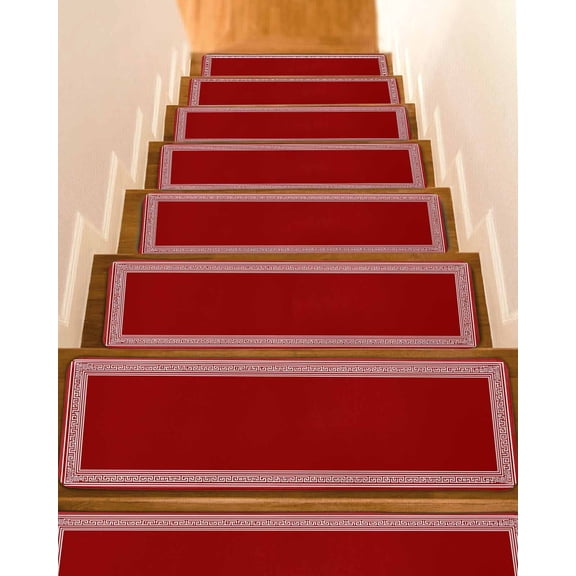 Dark Red Greek Key Stair Treads for Wooden Steps Indoor Runner Rug Carpet,Geometric Greece Ancient Farmhouse Geo 4 Pieces Peel and Stick Staircase Step Treads Covers Washable Throw Door Mats,30"x8"