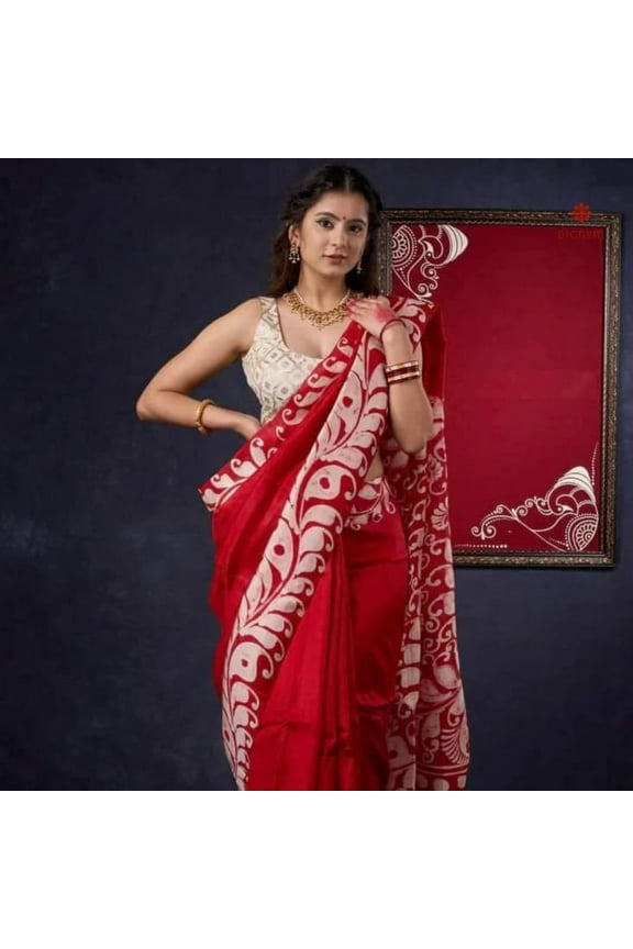 Dark Red Hand Painted Batik Pure Silk Saree