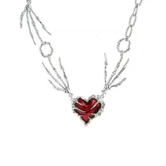 Dark Red Heart Ghost Claw Necklace – Gothic Punk Pendant Choker for Women and Men,Valentine's Day Statement Jewelry Gift